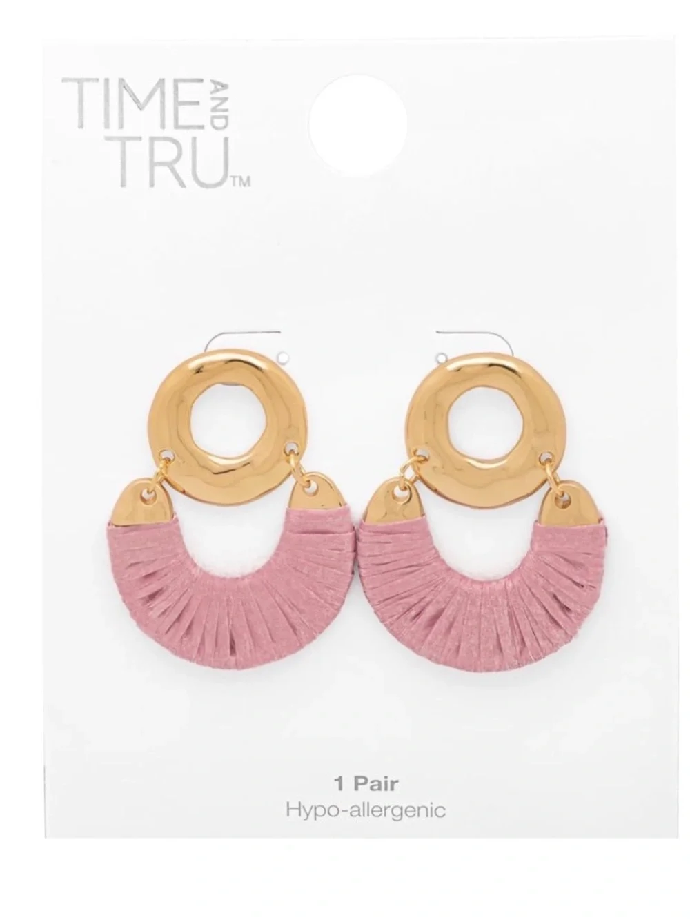 Time and Tru Gold-Tone Hoop Drop Door Knocker Earrings Raffia Pink Wrapping NWT